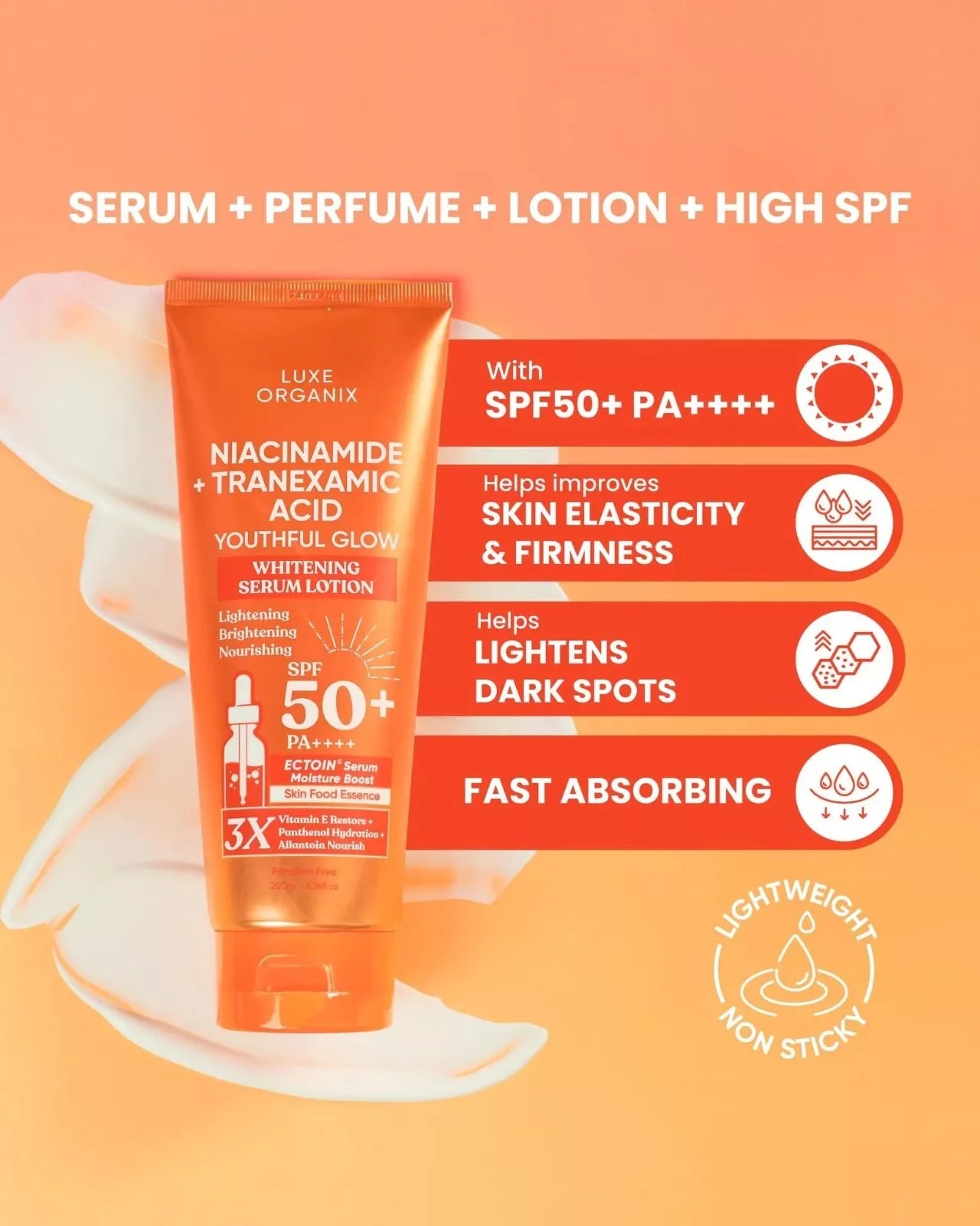 Luxe Organix Niacinamide + Tranexamic Acid Youthful Glow Whitening Serum Lotion – 200ml ( Pack of 2 Pcs )✨